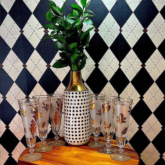 Vintage Libbey 22k Gold Foliage Pilsner Glasses (Set of 6) |Barware Mid Century - Picture 7 of 17